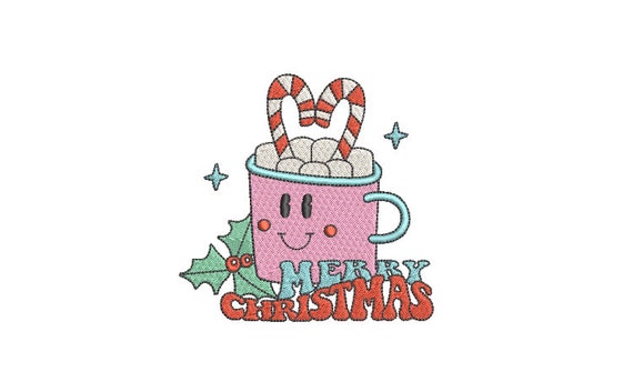 Merry Christmas Mug Embroidery - Machine Embroidery File design - 4x4 inch hoop - Candy Cane Embroidery