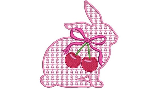 Cherry Coquette Bunny with bow  - Machine Embroidery File design 5 x 7 inch hoop - Easter Embroidery Design