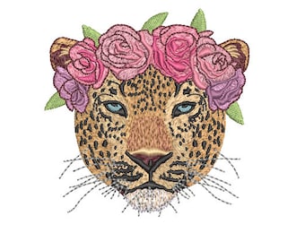 Leopard Blume Krone Maschinenstickdatei Design - 4 x 4 Zoll Reifen - Leopard-Gesicht - sofortiger download