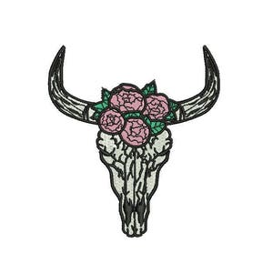 May include: A black and white embroidered bull skull with pink and green flowers.