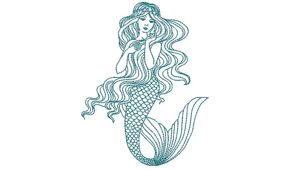 Mermaid Machine Embroidery File design - 5x7 hoop -  instant download - Redwork Mermaid