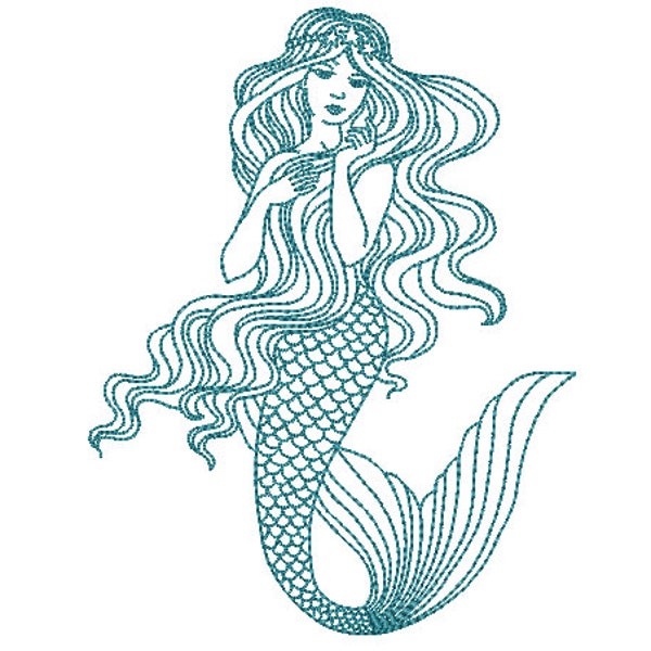 Mermaid Machine Embroidery File design - 5x7 hoop -  instant download - Redwork Mermaid