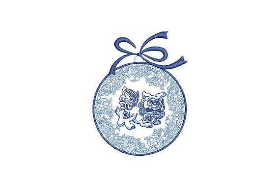 Christmas Blue Foo Dog Bauble Ornament - Machine Embroidery File design - 4x4 inch hoop - Chinoiserie Chic