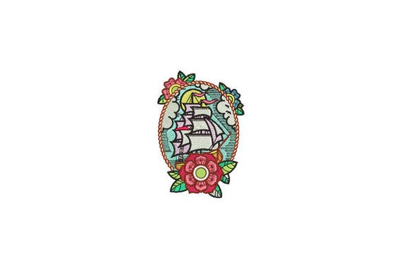 Floral  Ship Tattoo Retro Machine Embroidery File design 4 x 4 inch hoop