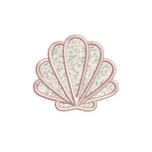 May include: A white seashell with a pink outline. The seashell has a sparkly texture.