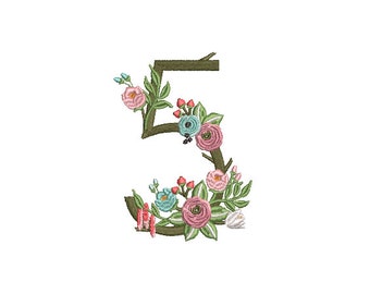 Flower Number 5 - FIVE - Fifth Birthday-  Machine Embroidery File design - 4x4 hoop - embroidery design