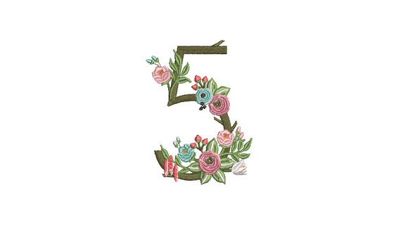 Flower Number 5 - FIVE - Fifth Birthday-  Machine Embroidery File design - 4x4 hoop - embroidery design