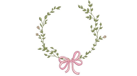 Pink Green Bow Wreath- Machine Embroidery File design - 8 x 8 inch hoop - monogram Frame - Instant download
