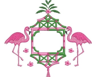 Chinoiserie Embroidery Design - Flamingo Pagoda Embroidery Design - Machine Embroidery File design -  8x8 inch hoop