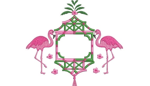 Chinoiserie Embroidery Design - Flamingo Pagoda Embroidery Design - Machine Embroidery File design -  8x8 inch hoop