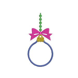 May include: A blue and gold Christmas ornament with a pink bow and green beads hanging from the top.