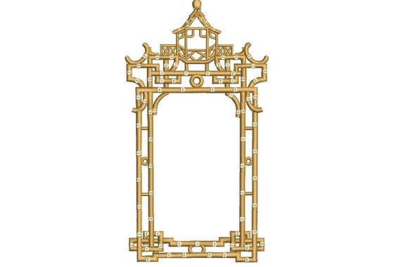 Chinoiserie Chic Monogram Golden Pagoda Frame - Machine Embroidery File design - 5x7 hoop