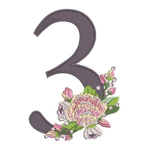 Number 3 - THREE - Bouquet - Third Birthday-  Machine Embroidery File design - 5x7 hoop - embroidery design