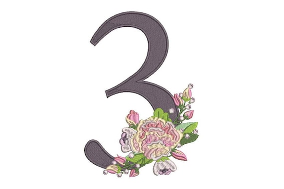 Number 3 - THREE - Bouquet - Third Birthday-  Machine Embroidery File design - 5x7 hoop - embroidery design