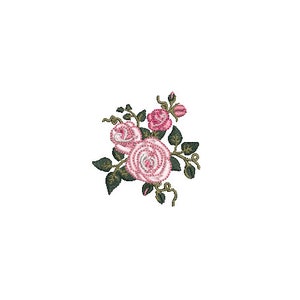 May include: A cluster of three pink roses with green leaves and stems. The roses are embroidered with a white center and pink edges.