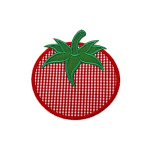 May include: A circular embroidered patch shaped like a tomato, featuring a red and white gingham pattern on the body. The top of the patch displays a green embroidered stem and leaves with a thick red border outlining the entire circular shape.
