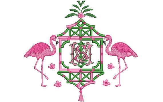 Chinoiserie Embroidery Design - Flamingo Pagoda Embroidery Design - Machine Embroidery File design -  8x8 inch hoop