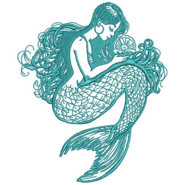 Pearl Mermaid Machine Embroidery File design - 5x7 hoop -  instant download - Redwork Mermaid