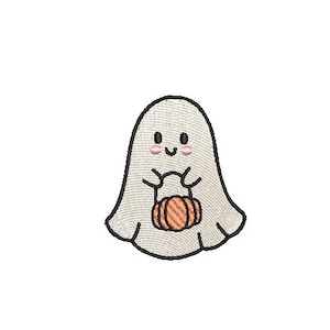 Può includere: Un fantasma bianco con un viso amichevole che tiene una piccola zucca arancione. Il fantasma ha occhi neri e una bocca nera.