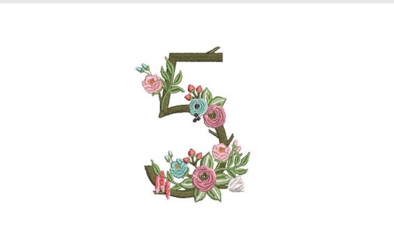 Flower Number 5 - FIVE - Fifth Birthday-  Machine Embroidery File design - 4x4 hoop - embroidery design