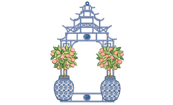 Chinoiserie Peach Tree Pagoda - Machine Embroidery File design -5 x 7 inch hoop - Instant Download - Monogram Frame