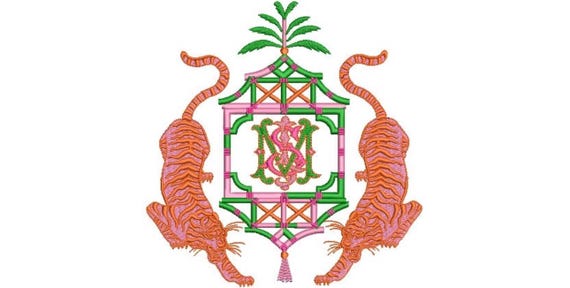 Chinoiserie Embroidery Design - Tigers Palm Pagoda Embroidery Design - Machine Embroidery File design -  8x8 inch hoop
