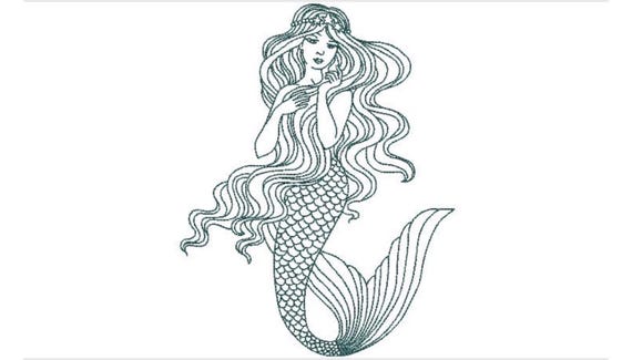 Mermaid Machine Embroidery File design - 8 x 12 hoop -  instant download - Redwork Mermaid