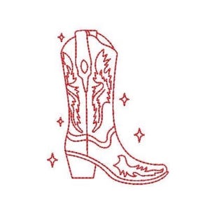 May include: A red embroidered outline of a cowboy boot featuring intricate decorative stitching patterns on the shaft and toe. The design is surrounded by four small, four-pointed star shapes, all rendered in a consistent red thread color.