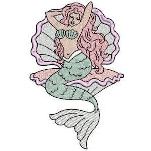 May include: An embroidery design featuring a mermaid with long pink hair and a light green tail, sitting inside a large, open, light pink and white seashell. The mermaid has a shell-shaped top and is positioned with arms raised above the head.