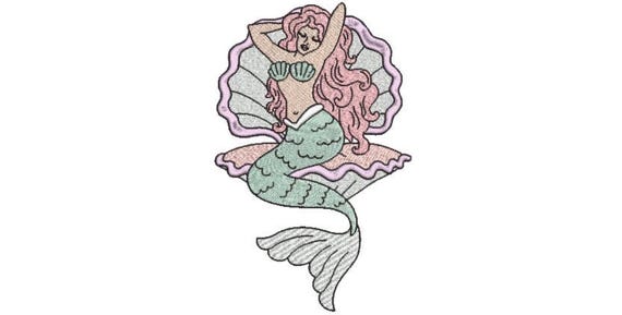 Mermaid Clam embroidery Design - Mermaid Machine Embroidery File design - 5x7inch hoop - Seafoam