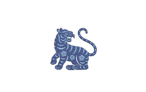 Blue Flower Tiger Machine Embroidery File design - 4x4 inch hoop - instant download - Chinoiserie Embroidery Design