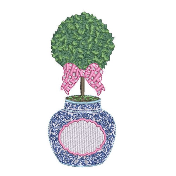 Chinoiserie Boxwood -  Gingham Bow Embroidery - Hamptons Pot Plant - Machine Embroidery File design - 5x7 inch hoop - Instant Download