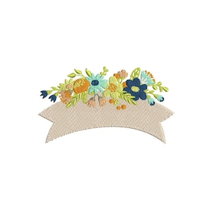 Floral Banner Embroidery - Flowers and Ribbon Arrangement Machine Embroidery File design 5x7 inch hoop Banner