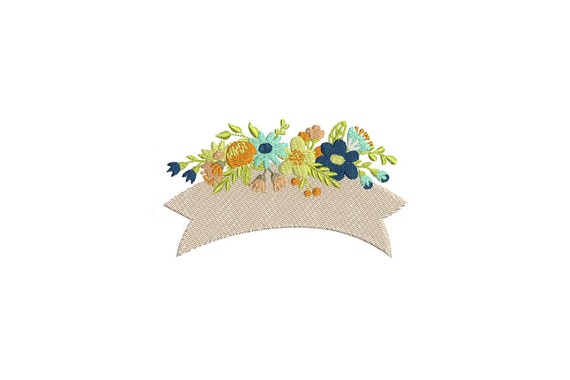 Floral Banner Embroidery - Flowers and Ribbon Arrangement Machine Embroidery File design 5x7 inch hoop Banner