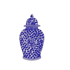 May include: A blue and white ginger jar featuring a detailed floral pattern across its surface. The jar has a rounded body, a tapered neck, and a matching lid with a small finial on top. The design consists of intricate blue floral motifs.