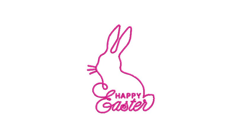 May include: A bright pink machine embroidery design featuring the continuous line outline of a rabbit silhouette with long ears and whiskers, positioned above the text HAPPY EASTER written in a cursive, connected script font style.