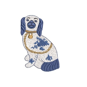May include: A white porcelain dog figurine with blue and gold accents. The dog is sitting with its head tilted and has a gold collar with a bell.