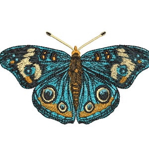 May include: Embroidered blue butterfly with brown and yellow accents. The butterfly has large, round eyes.