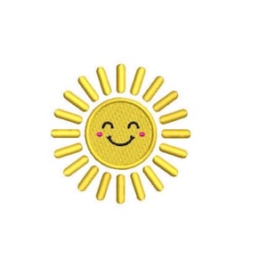 May include: A yellow embroidered sun patch featuring a circular face with a dark brown stitched smile, closed eyes, and small pink circular cheeks. The sun has numerous radiating yellow rays extending outward from the central circular core.