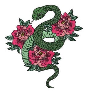 May include: An embroidered patch featuring a green snake with a textured scale pattern coiled around three vibrant pink peony flowers with dark green leaves. The design is rendered in a detailed stitch style with clear outlines and shading.