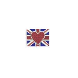 May include: A red heart is centered on a blue, white, and red Union Jack flag.