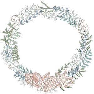 May include: An embroidery design featuring a circular wreath composed of various botanical elements in shades of blue and green, accented with small pink swirls and hearts, and anchored at the bottom by a cluster of pink seashells and a starfish.