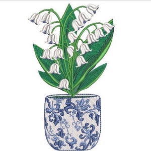 Chinoiserie Lily Of The Valley Embroidery - Hamptons Pot Plant - Machine Embroidery File design - 5 x 7 inch hoop - Instant Download
