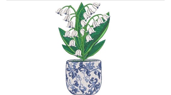 Chinoiserie Lily Of The Valley Embroidery - Hamptons Pot Plant - Machine Embroidery File design - 5 x 7 inch hoop - Instant Download