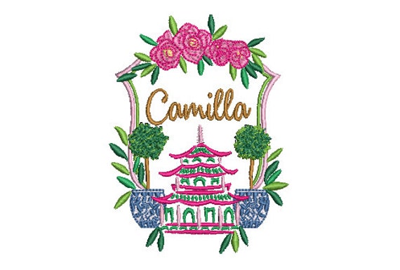 Pagoda Embroidery Design - Crest Design - Chinoiserie Chic Design - 4x4 inch hoop - Machine Embroidery Design