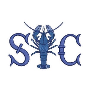 May include: An embroidered design featuring a blue lobster positioned between the capital letters S and C. The lobster is rendered in shades of blue with detailed stitching, while the letters S and C are in a matching blue serif font.