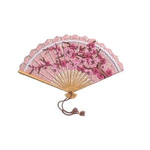 May include: A folding hand fan featuring a light pink fabric leaf decorated with a dark pink cherry blossom branch pattern. The fan has a light brown wooden frame with thin slats and a decorative brown cord with small tassels attached at the base.