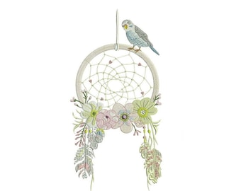 May include: A white dreamcatcher with a small blue bird perched on top. The dreamcatcher is decorated with pink and green flowers and feathers.