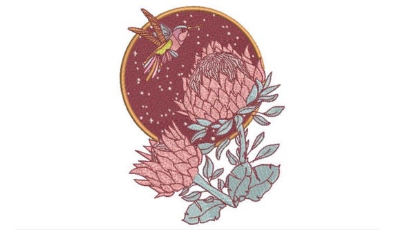 Hummingbird Protea Embroidery - Machine Embroidery Hummingbird Machine Embroidery File design 5x7 inch hoop