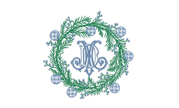 Blue Ornament Wreath Embroidery - Machine Embroidery File - design 4x4 inch hoop - Chinoiserie Monogram frame